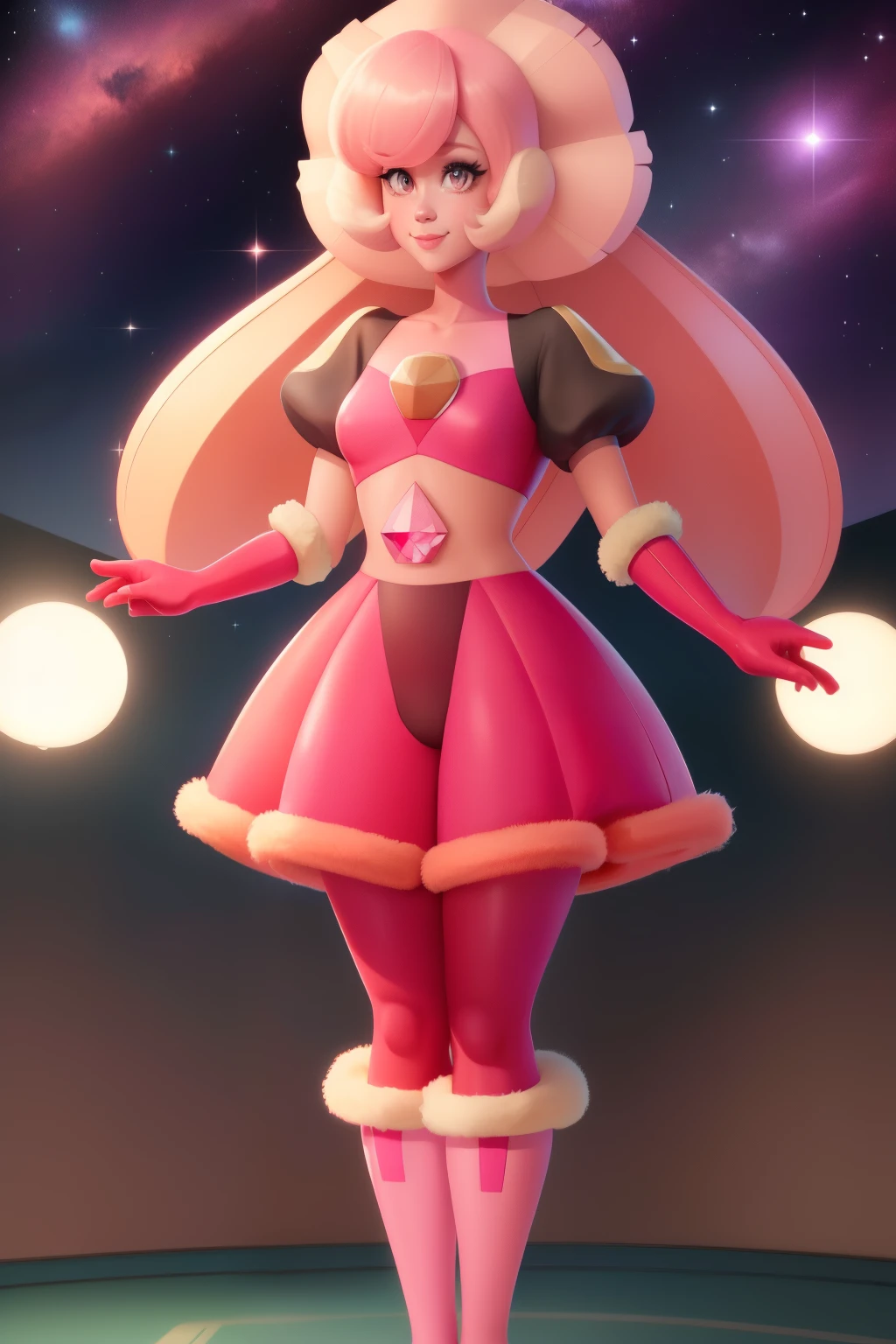 pnkdamond, pink hair, Pink eyes,  long hair,  stomach gem,  pink skin,  toned, 
puffy short sleeves, elbow gloves ,  white thighs,   Puffy Dress, 
standing, upper body, 
 outer space,  
(incredibly detailed, beautiful detailed face,beautiful detailed eyes, masterpiece, best quality) Cinematic lighting,  smile, 
 