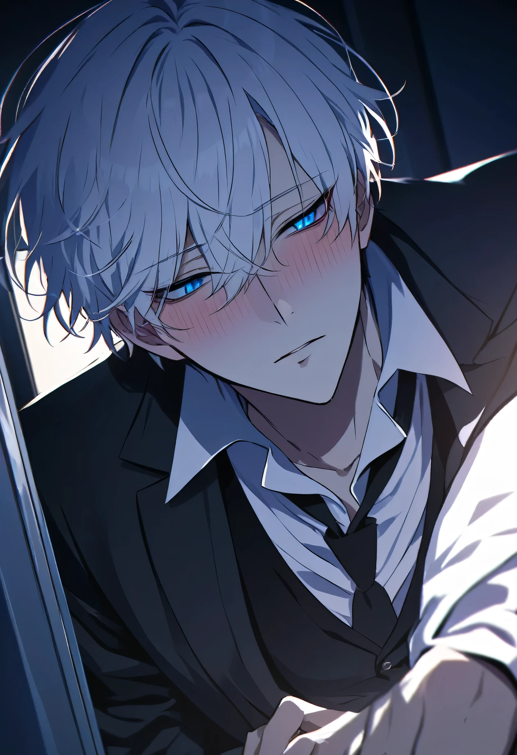 handsome, Alone, 1 male、Attractive eyes、masterpiece, Best quality,He is looking in this direction.、White hair, short hair, Bright, deep blue eyes, Yandere, Moonlight coming in, Light comes in, night, dark atmosphere, dark lighting, Look up, Stylish black and white outfit, questionable, 20s, blush, In love, Inside the office, shy look