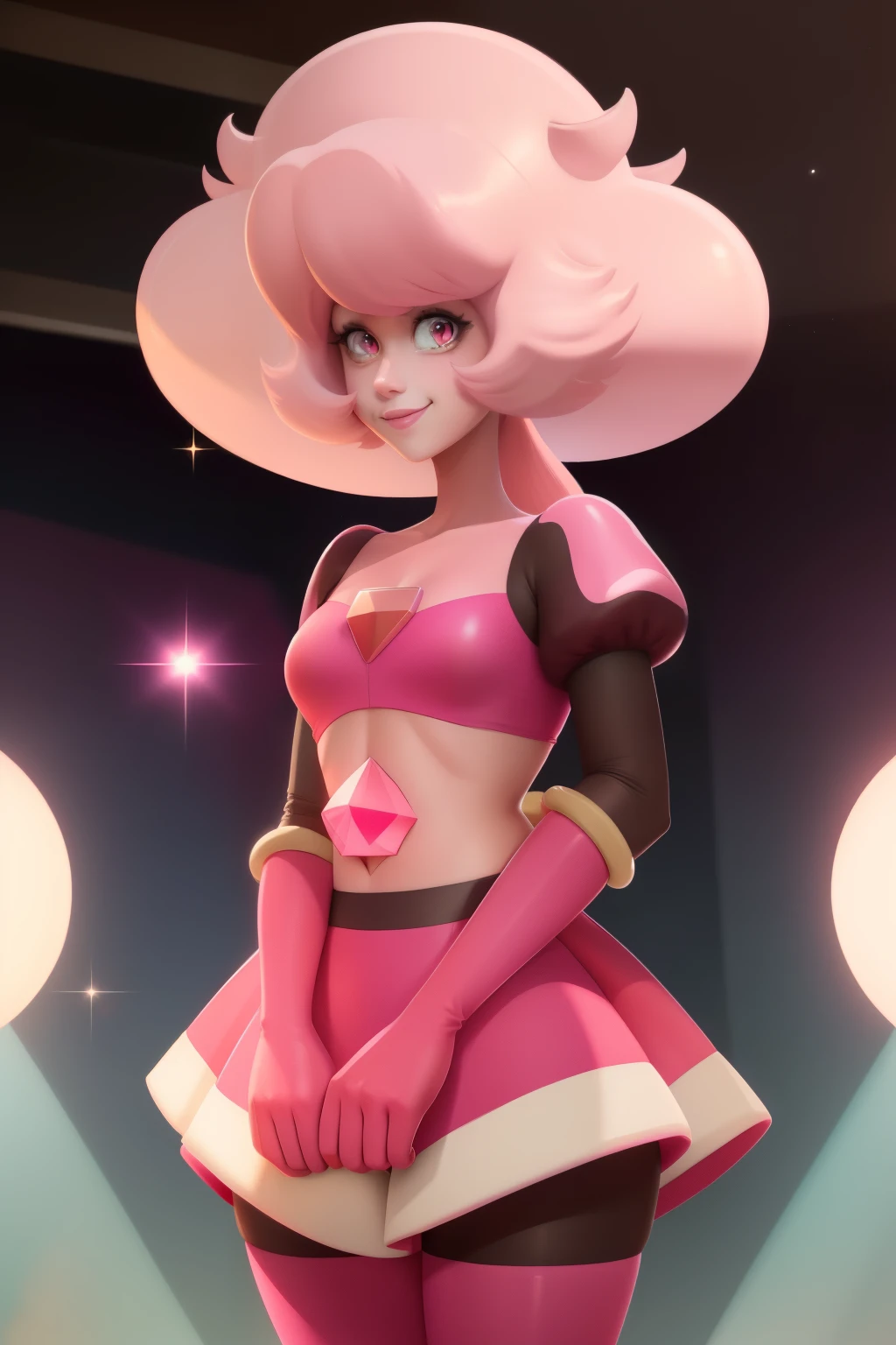 pnkdamond, pink hair, Pink eyes,  long hair,  stomach gem,  pink skin,  toned, 
puffy short sleeves, elbow gloves ,  white thighs,   Puffy Dress, 
standing, upper body, 
 outer space,  
(incredibly detailed, beautiful detailed face,beautiful detailed eyes, masterpiece, best quality) Cinematic lighting,  smile, 
 