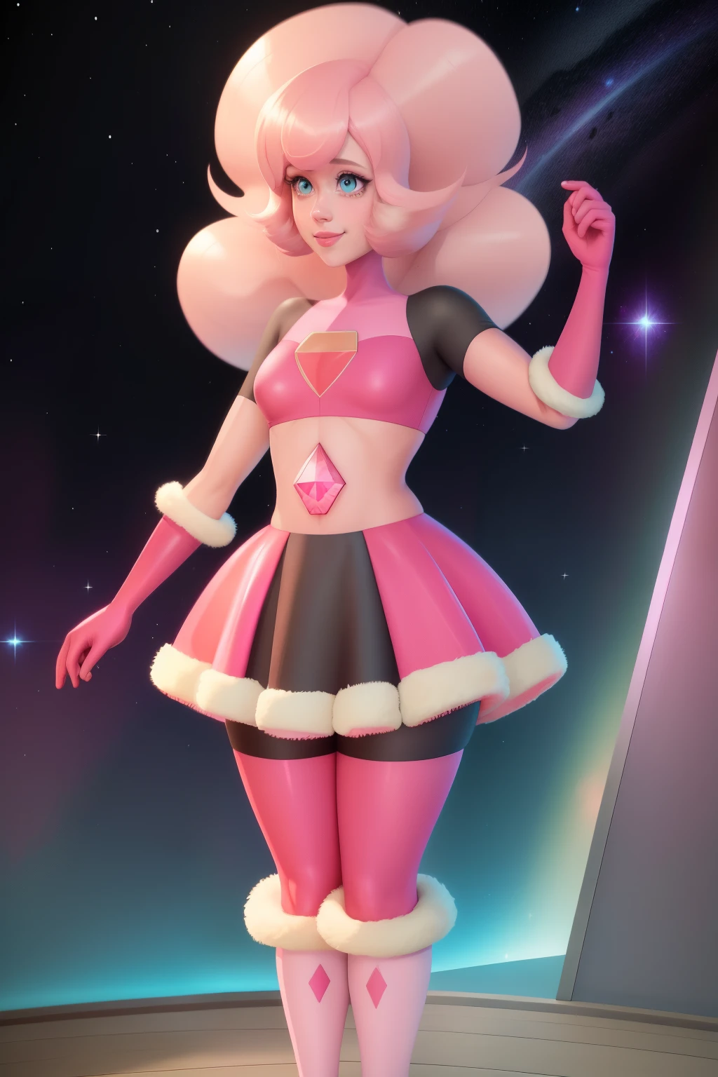 pnkdamond, pink hair, Pink eyes,  long hair,  stomach gem,  pink skin,  toned, 
puffy short sleeves, elbow gloves ,  white thighs,   Puffy Dress, 
standing, upper body, 
 outer space,  
(incredibly detailed, beautiful detailed face,beautiful detailed eyes, masterpiece, best quality) Cinematic lighting,  smile, 
 