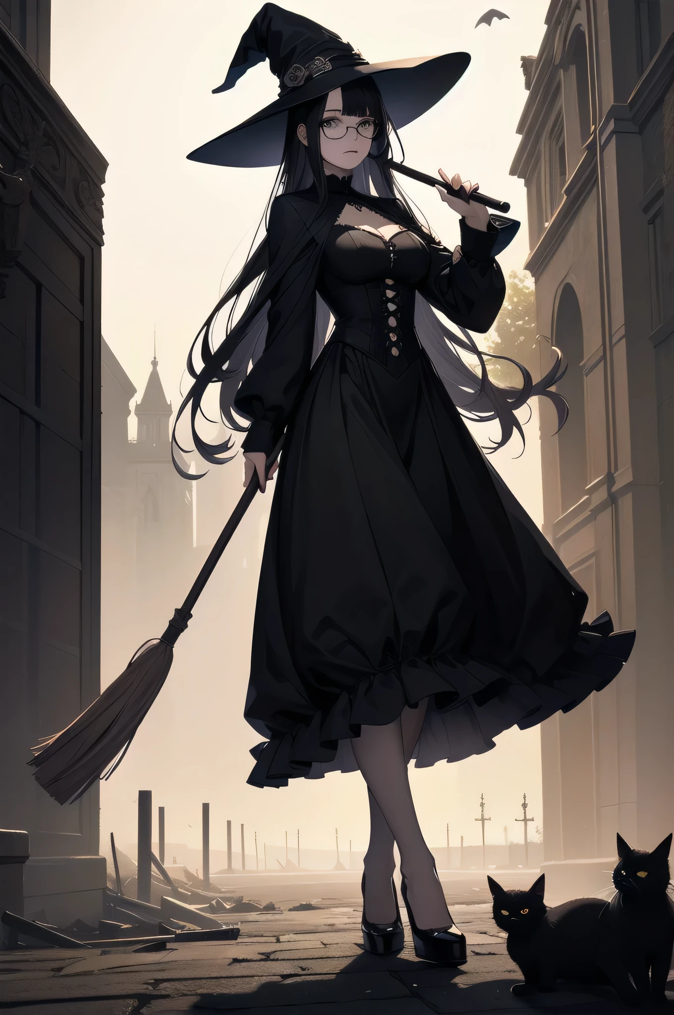 beautiful girl、cute、、Glasses、Black Hair、Long Hair、Straight Hair、Bangs、bangsBangs、Hime cut、Mine system、Long skirt、Black pumps、Magic Broom、Witch's Broom 、witch、witch hat、beautiful girl、Gothic Dress、Long Dress、Big Breasts、Slim body、There is a black cat at your feet、2 black cats、(Best Quality,4K,High resolution,Masterpiece 1.2),Very detailed,Real 1.37,Spooky altar background,Dark fantasy,Black color scheme,Ominous atmosphere,Eye-catching,Storytelling,Anime Style,Concept Art,Inappropriate behavior,,beautiful, Delicate facial features, pale Skin, Dark background、Dim lighting、Dark background, Cinema Lighting, Dramatic Shadows, Gothic, Gloomy atmosphere, Dark fantasy, One person'S, Red cheeks, ,(Expressionless 1.3),Scary smile, Creepy Smile,Twisted Smile、Creepy background,(Spooky atmosphere 1.3),Horror Style, ((Frilled black costume)), ((Flowing Black Hair)), Female Curves, Sexy flat stomach, Perfect hands, Perfect anime character face, (Black Dress)), Standing, ((Wicked Smile)), ,(Dark fantasy1.3), Moonlight Illumination, night lighting, (Blood splatter 1.3),Anime Angel Design, GothicArchitecture、Victorian architecture、Western architecture、Fantasy World、,Victorian city, Skeleton Gas Light,Absurd, High resolution、 ((Tabletop)), ((Best Quality)), (Very detailedな), ((Very detailed)), (beautiful), ((cute)), One personで,(1.6)、beautiful face、Full Body Ezbian、pale, beautiful肌、Big Breasts、beautiful black hair、Long Hair、Smiling Kindly、Dark building ruins、(snow white'Frill dress 1.3)、(The dark ruins are 血まみれ 1.3)、Low angle full body shot、(Glasses 1.2)、(Creepy 1.3)、(The girl lost a lot of blood..............1.3)、(Crazy Smile 1.6)、(Glasses 1.5)、Wearing Glasses、Droopy eyes、Glasses、Gothic Dress、bangs, Long Hair, Black Hair、bangs、Hime cut、Dark fantasy 、background、black lace blouse、黒のフリルLong skirt、There is a black cat at your feet、