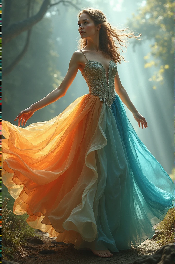 Dress with intricate metallic lace hanging from the arms and torso, falling loosely to the floor, fine turquoise tunic over a golden petticoat, Light, graceful, full of movement, magic style