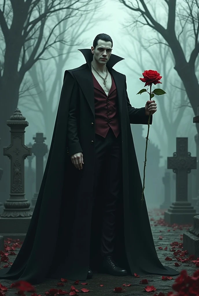 A strong vampire man in a cemetery holding a rose