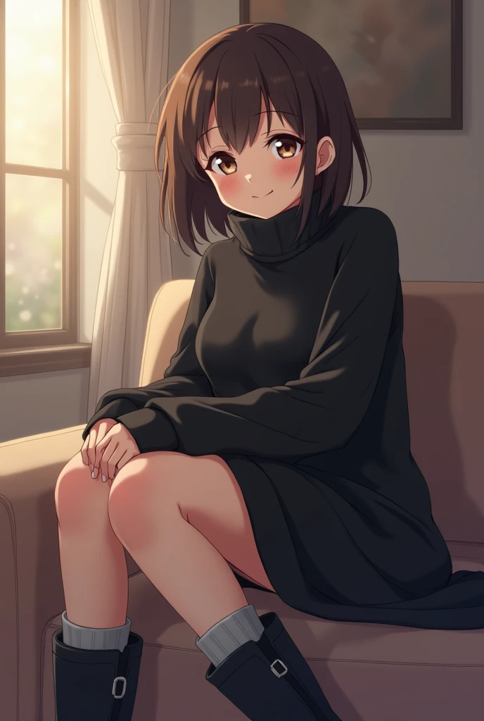 (beautiful and clear background),(Indoor,wall,Sofa,),1girl,   ,fashion,,wear a red hoodie,,Backpack,,Drinking coffee ,,blush,pose,Short hair ,looking to the side,, dutch angle,