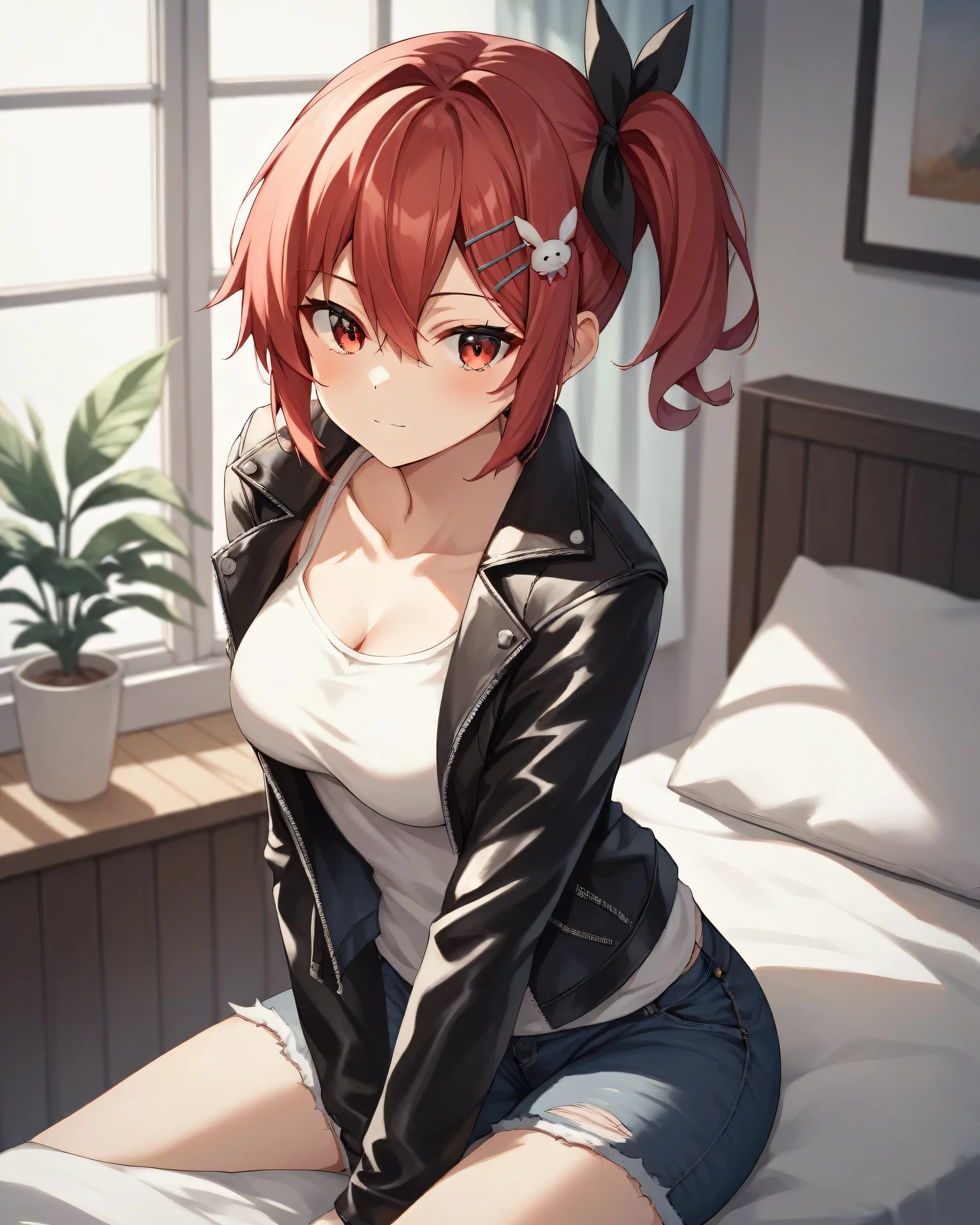 score_9, score_8_up, score_7_up, score_6_up, score_5_up, score_4_up, BREAK source_anime,
1girl, solo, hair ornament,hair ribbon,hair between eyes,red hair,red eyes,short side ponytail, leather jacket black jeans sexy pose, inside home,