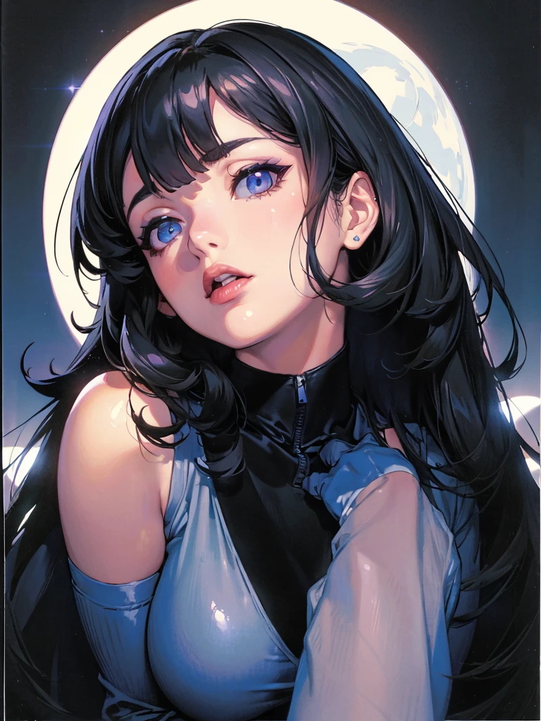 (best lighting) (best quality, masterpiece:1.2), illustration by hajime sorayama, perfect body, hyperfeminine curves, (detailed eyes), (detailed face), femme fatale, woman, very long black hair, bangs, blue eyes, curvy, high fashion, stockings, solo, large blue moon in background, cinematic, soft lighting, portrait