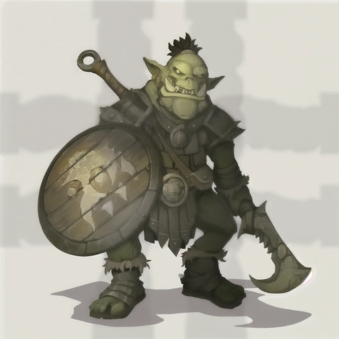 a close up of a cartoon character with a large axe, goblin chainwalker, drak fantasy goblin, orc themed, wooden crocodile on head ,  muscular goblin, bugbear, Erebos's Titan, ogre, nurgle, orc warrior, an ork, orc fused with vines, a goblin pirate