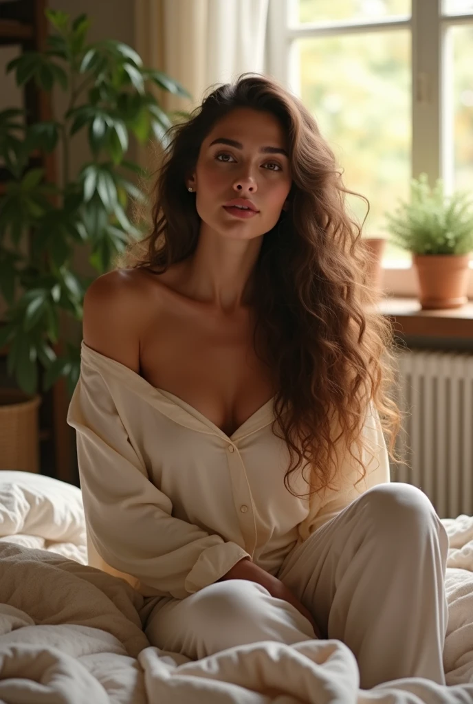 (photorealism:1.2), beautiful woman, sitting on wood wearing loose off-shoulder top, pajama pants, long curly hair, indoors, soft lighting, plants in background, window with sunlight, cozy room,
