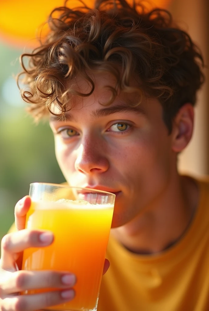 A young man in summer clothes drinking a cream soda with relish