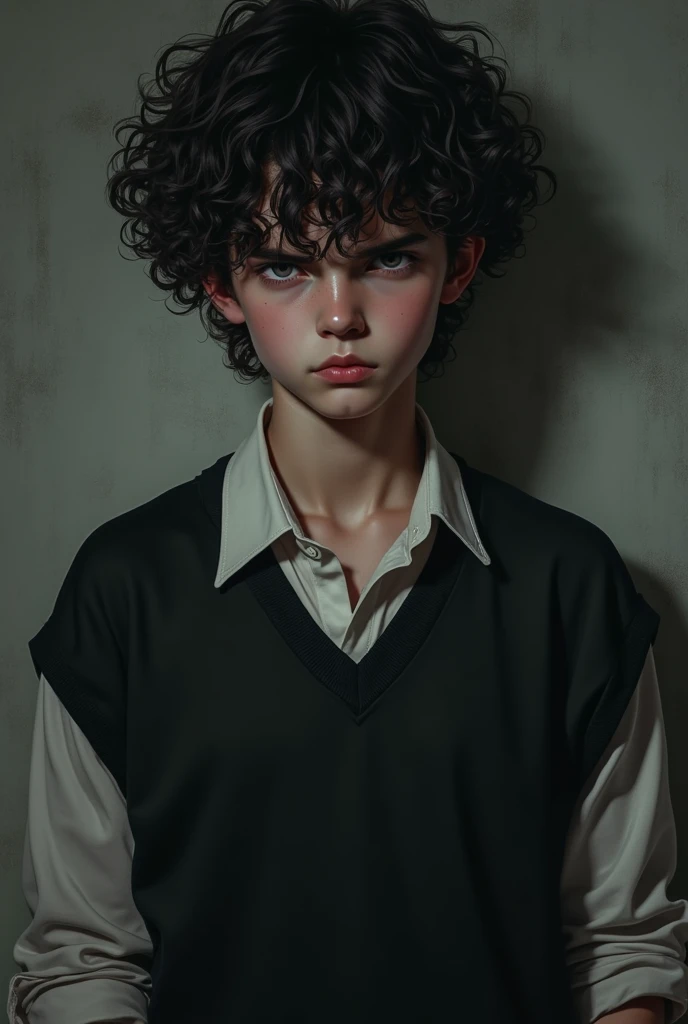 Teenage boy in black uniform white shirt hanging down to elbows, with curly hair, grey eyes, mischievous smile, tall and strong-armed 