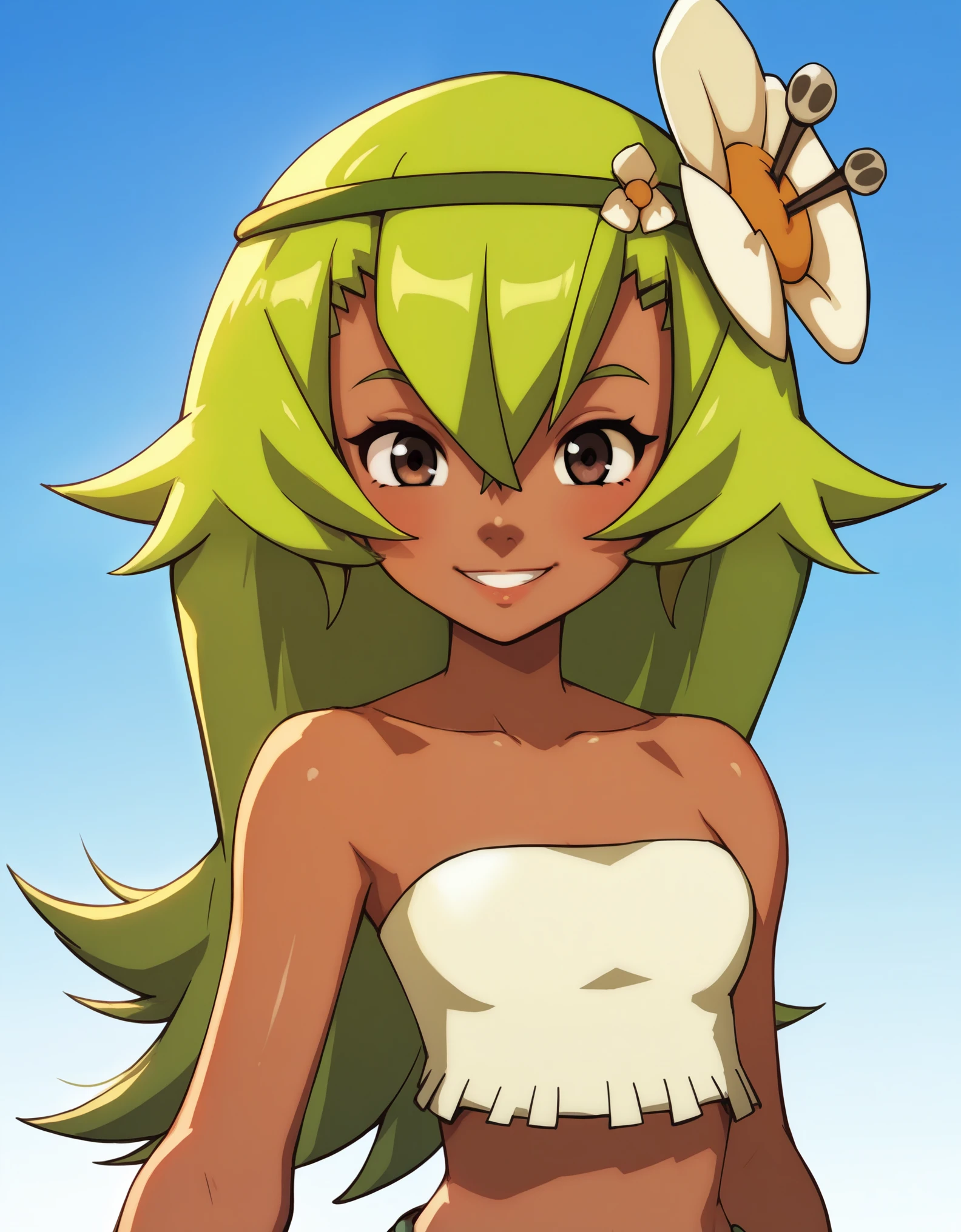 score_9, score_8_up, score_7_up, score_6_up, BREAK, source_cartoon, source_anime, 1girl, amaliayoung, amalia sheran sharm,, green hair, long hair, hair flower, dark skin, bare shoulders, tube top, upper body, smile, looking at viewer, solo, simple background