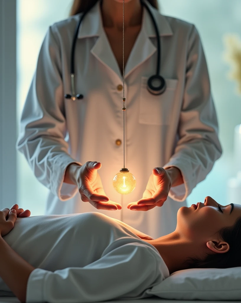 A serene acupuncture session with a practitioner gently placing needles on a person’s back, who has a soft, glowing light emanating from their pineal gland. The setting is a tranquil room with calming colors and subtle cosmic patterns. --ar 16:9