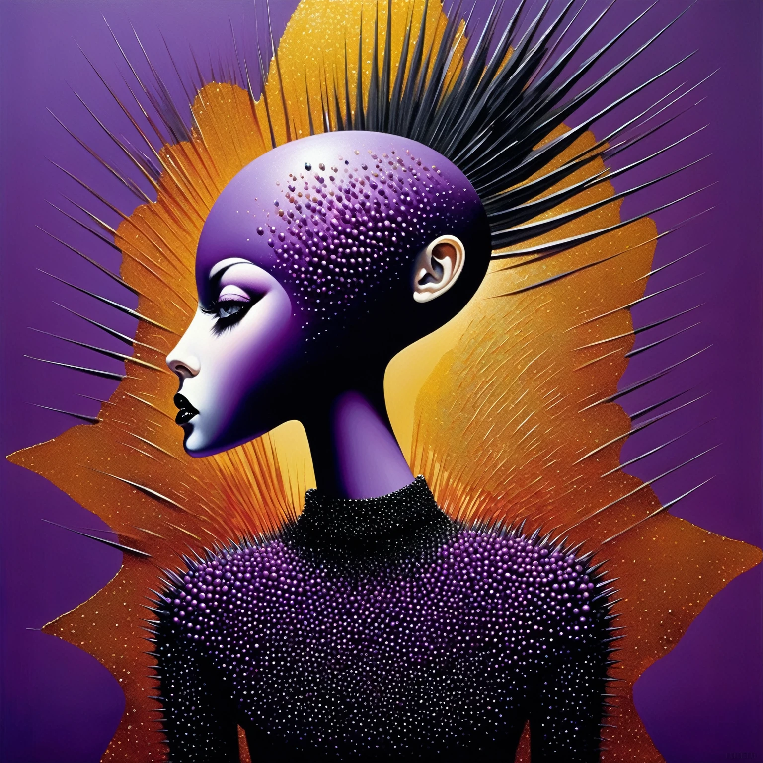 Surreal picture painted with gel nail polish: A woman with a smooth face, aluminum egg narrow end down, black hair sticking out in spikes at the back - liberty spikes. Dressed in flowing, purple glitter dress with texture, reminiscent of a blackberry - with rounded, protruding blister-growths, which gives it volume and creates a sense of life, with high, fan collar, she is fanning herself. Background - plain Orpiment. Surreality, moveton, oddity, unusual geometric shapes and patterns, bizarre contrast, over-elaboration.