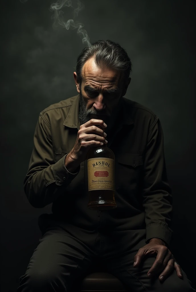 hyperrealistic full body photo of a man with a sad face who is drunk on alcohol, his hand holding a black label brand drink bottle from his mouth, disgusting vomiting, under the photo there is the writing "SUDAH BAU TANAH". The photo is very detailed, clear and fine