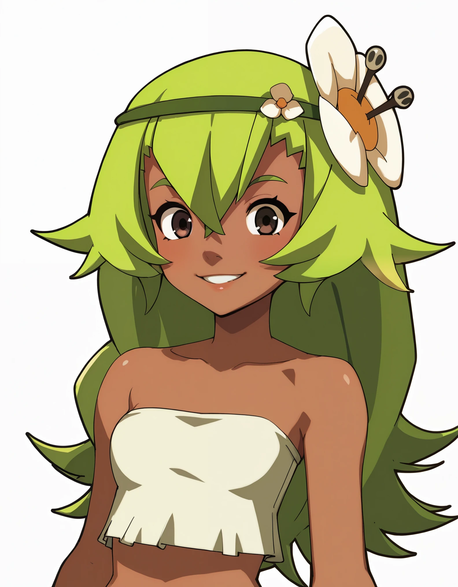 score_9, score_8_up, score_7_up, score_6_up, BREAK, source_cartoon, source_anime, 1girl, amaliayoung, amalia sheran sharm,, green hair, long hair, hair flower, dark skin, bare shoulders, tube top, upper body, smile, looking at viewer, solo, simple background