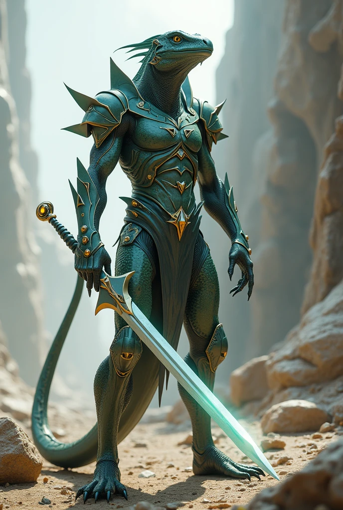 lizard swordman, full body armor, holding greatsword, battle stance, green scales, detailed, masterpiece, fantasy