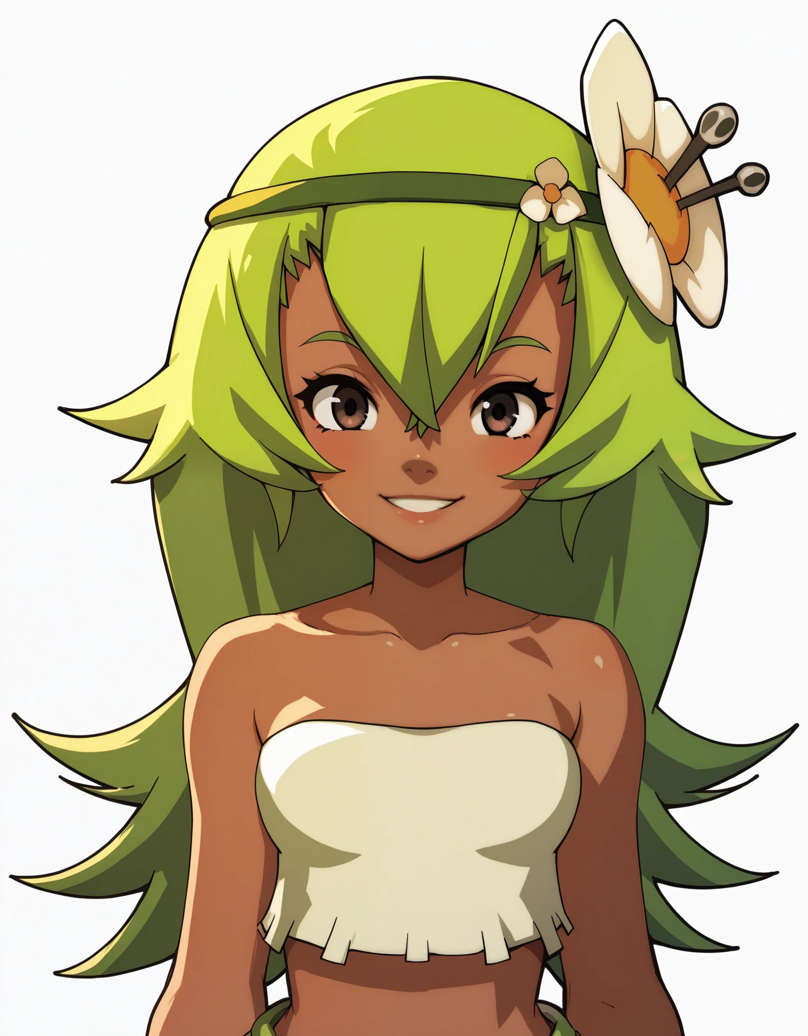 score_9, score_8_up, score_7_up, score_6_up, BREAK, source_cartoon, source_anime, 1girl, amaliayoung, amalia sheran sharm,, green hair, long hair, hair flower, dark skin, bare shoulders, tube top, upper body, smile, looking at viewer, solo, simple background