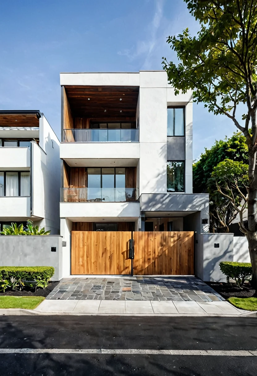 townhouse, slate stone mixed with white walls, (modern architecture: 1.2), (wooden gate), exterior design, viewpoint, (paved sidewalk and asphalt road), sliding door with a car inside, (daytime sky), low trees around the house, (midday)