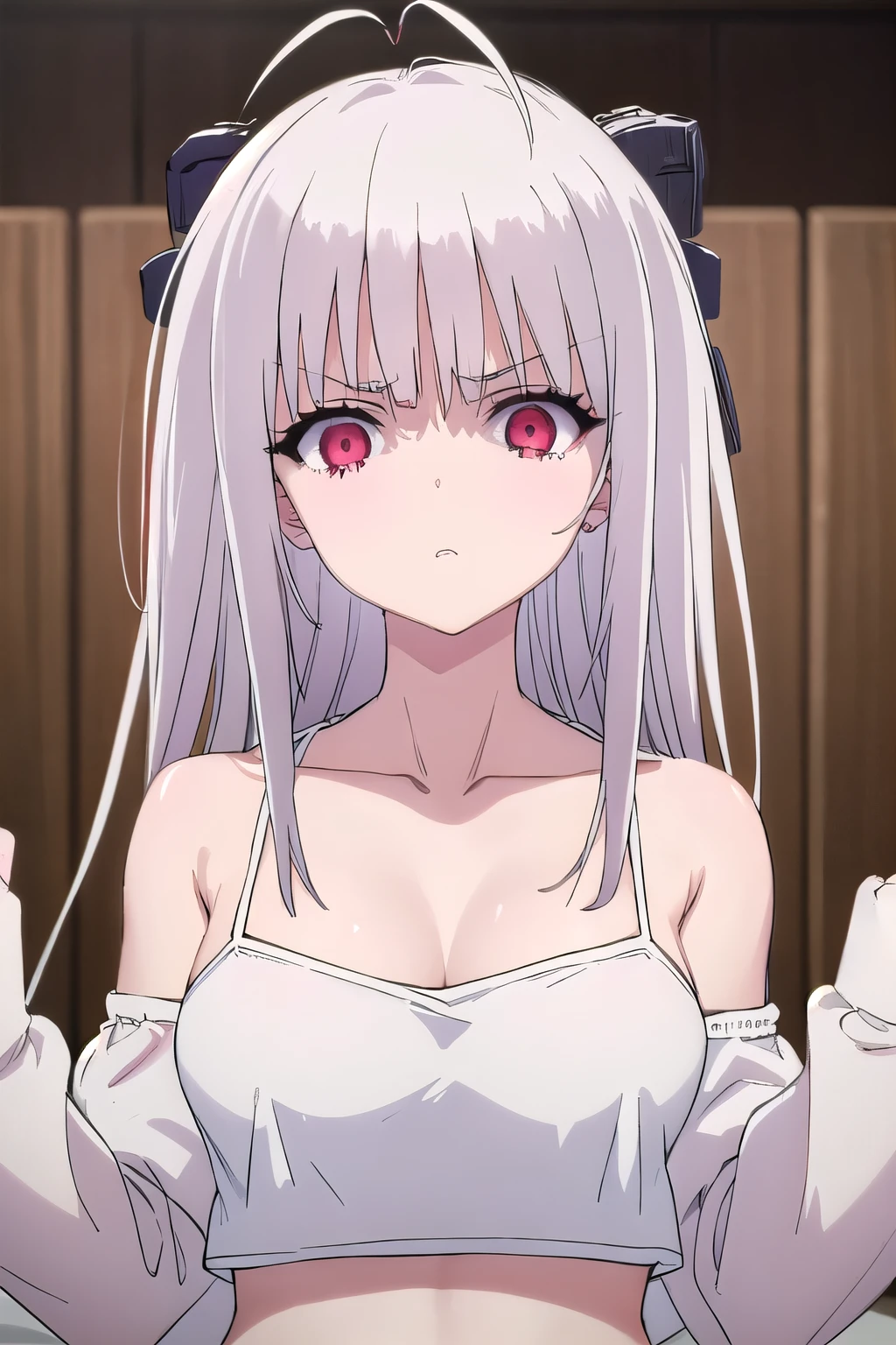 masterpiece, best quality, ultra-high-detailed, Disgusted face, white hair, red eyes, sigtuna julie , medium breast, looking to viewer, deep eyes, glare eyes, upper shot, muscular, eyeshadow,  bare shoulder , Collarbone ,upper body , spaghetti straps, mirroring , medium breast , shaded face, in bed , close up of a person with a fist in a fist pose, , croptop,  cleavage , middle finger, fuck you, fuck to viewer,  camisole , angry, furious , close to finger, focus to finger, perfect anatomy, perfect finger , striking eyes 