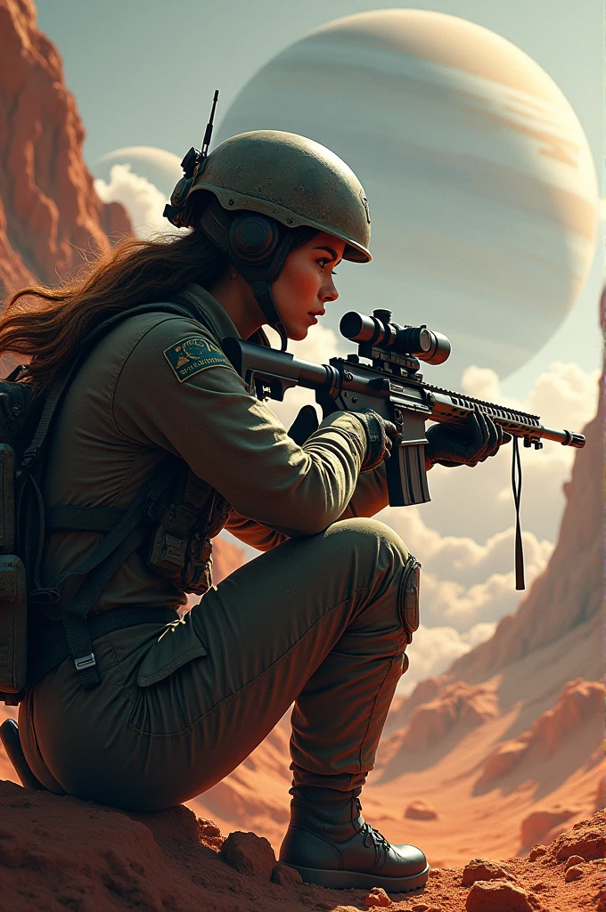 (8k, RAW photo, best quality, highres: 1.2), (realistic, photorealistic: 1.37), full body shot of Scarlett Johannsen holding a gun on Mars as a mass effect soldier in a futuristic outfit, (wielding a high-tech weapon), red hair, (off center), with a determined look on her face. The backdrop should depict a dystopian Martian landscape under a stormy sky. looking at the viewer, (135mm lens, F/1.8, lens flare)