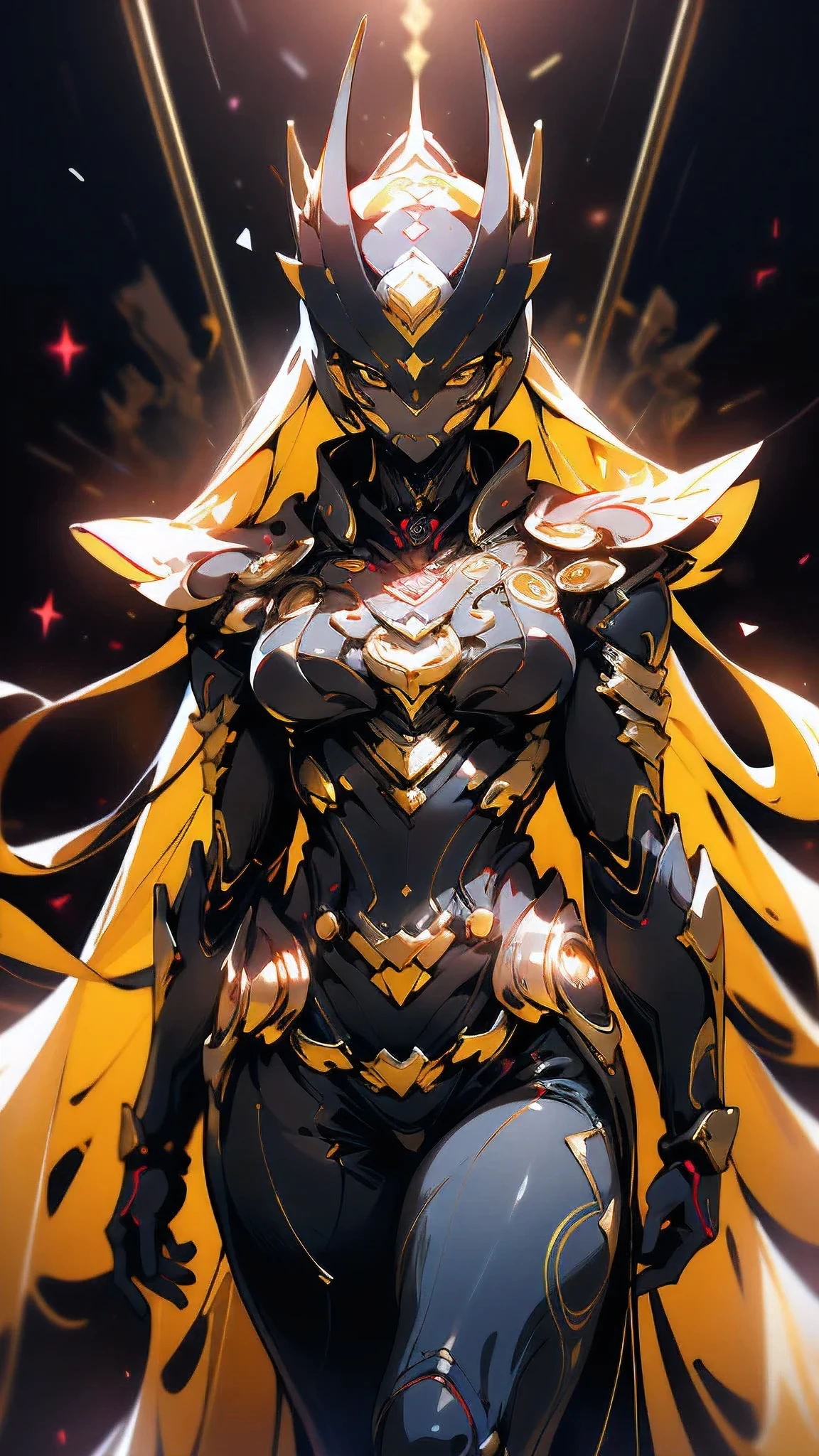 A woman adorned in fantasy-style full-body armor, a crown-concept fully enclosed helmet that unveils only her eyes, a composite layered chest plate, fully encompassing shoulder and hand guards, a lightweight waist armor, form-fitting shin guards, the overall design is heavy-duty yet flexible, (the armor gleams with a golden glow, complemented by red and blue accents), exhibiting a noble aura, she floats above a fantasy-surreal high-tech city, this character embodies a finely crafted fantasy-surreal style armored hero in anime style, exquisite and mature manga art style, (mixture of Queen bee and Spider concept Armor, plasma), ((Element, elegant, goddess, femminine:1.5)), metallic, high definition, best quality, highres, ultra-detailed, ultra-fine painting, extremely delicate, professional, anatomically correct, symmetrical face, extremely detailed eyes and face, high quality eyes, creativity, RAW photo, UHD, 32k, Natural light, cinematic lighting, masterpiece-anatomy-perfect, masterpiece:1.5