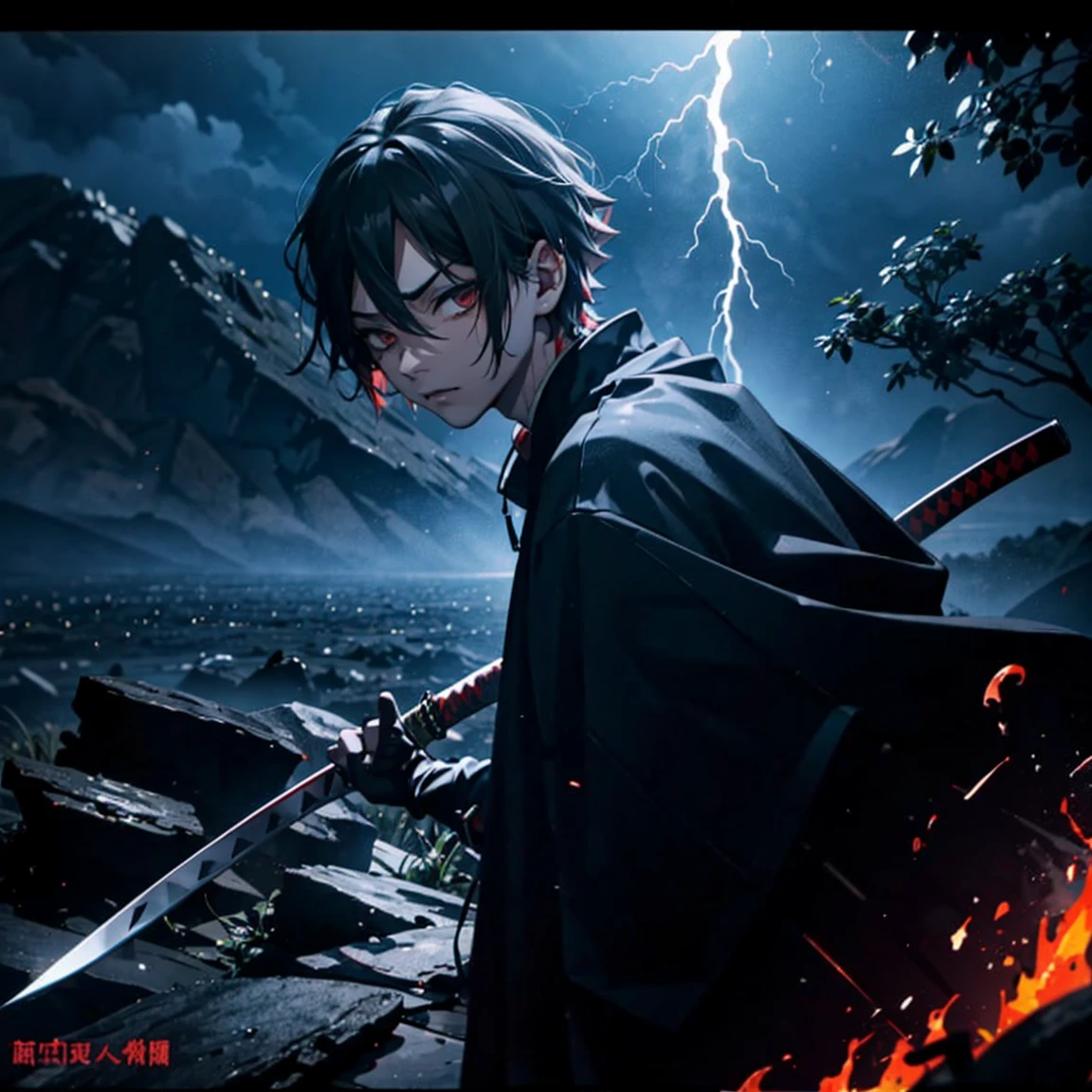 HorrorFantasy,ZenitsuAgatsuma, dark version holds 1 katanas , pointing the katanas at the viewer, behind him several dead people,he is on a mountain with lightning and fog,.