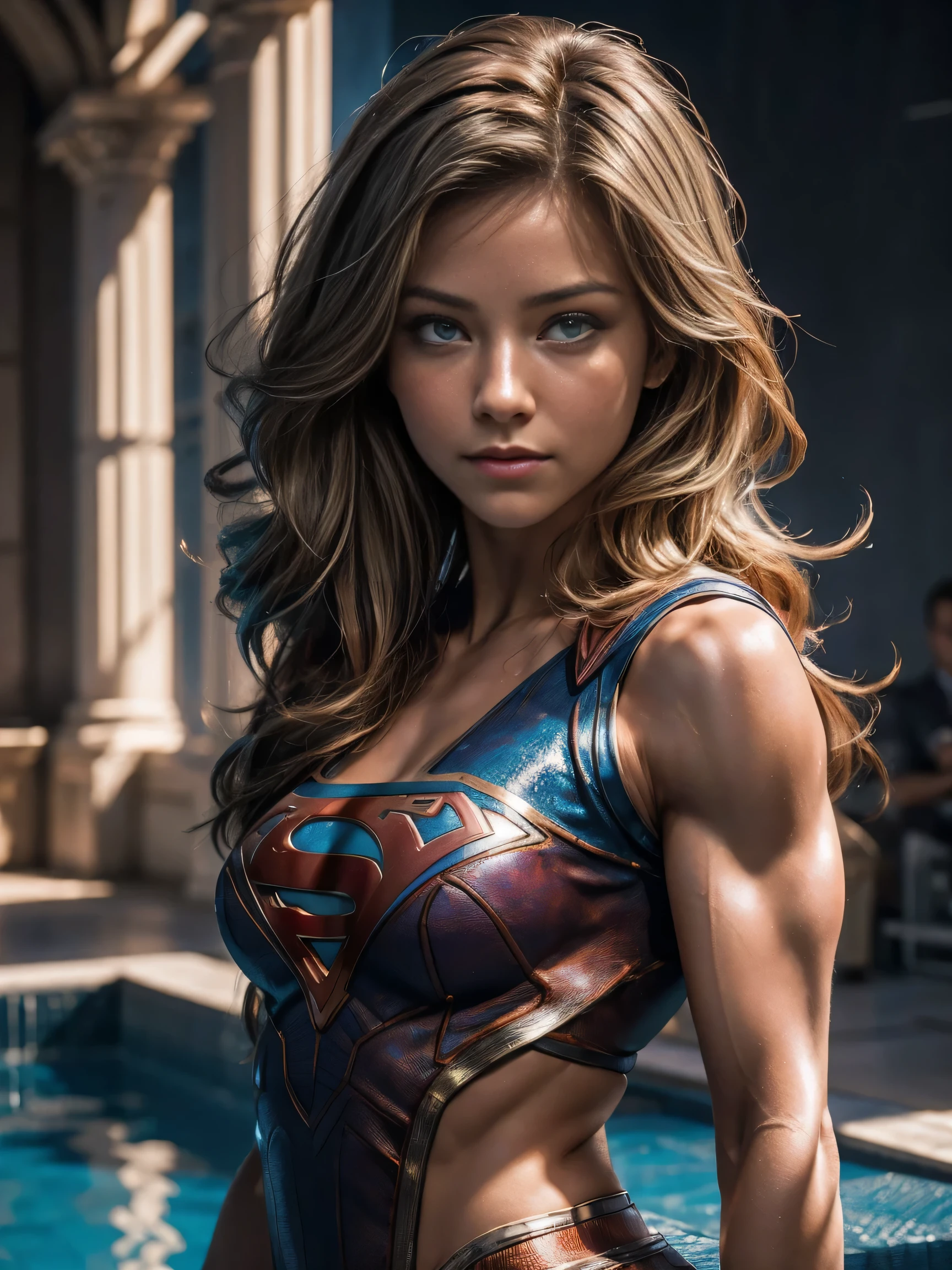 fit Sarah Roemer in a pool, (flexing bicep pose:1.4), long flowing blonde hair, blue eyes, seductively smiling, flirtatious, abs, Real Life, full bodyshot, (Ultra Realistic:1.4), Photorealism, Photography, 8K UHD, Photo, HDR, Complex and Elegant, Highly Detailed, Sharp Focus, Stunning, Beautiful, (Gorgeous: 1.2), Best Quality 1:1, Ultra Detail: 1.4, Best Shadows, (8k: 1.1), (beautiful detailed face), high contrast, (perfect lighting: 1.2), ((cinematic light)), colorful, hyper-detail, dramatic light, intricate detail, photograph by arny freytag, 2, muscular, Supergirl