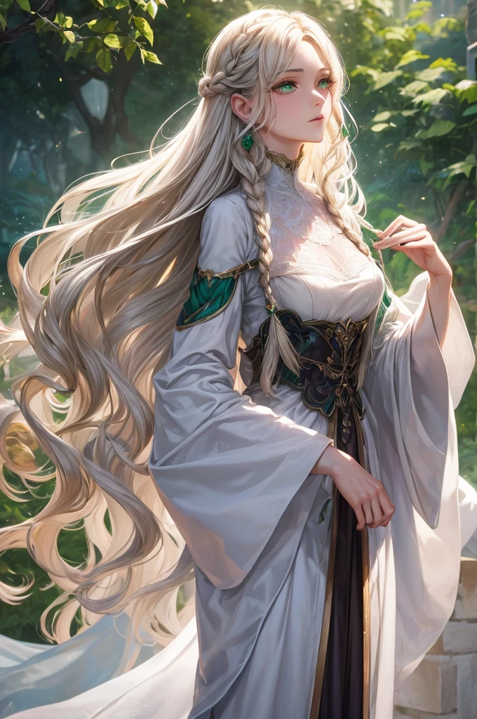 Elowen Fairbrook, an 1 female standing at 165 cm tall with a slender figure dressed in flowing fabrics that convey both nobility and practicality. She has porcelain-like skin that radiates a soft, ethereal glow. Elowen's deep chestnut hair cascades in waves, often braided with wildflowers and leaves, symbolizing her connection to nature. Her striking emerald green eyes, framed by long dark lashes, shimmer with emotion and intelligence. Her heart-shaped face features high cheekbones, a delicate jawline, and a slightly upturned nose that adds playfulness. A small crescent-shaped scar above her right eyebrow hints at a childhood adventure, adding rugged charm to her graceful appearance.