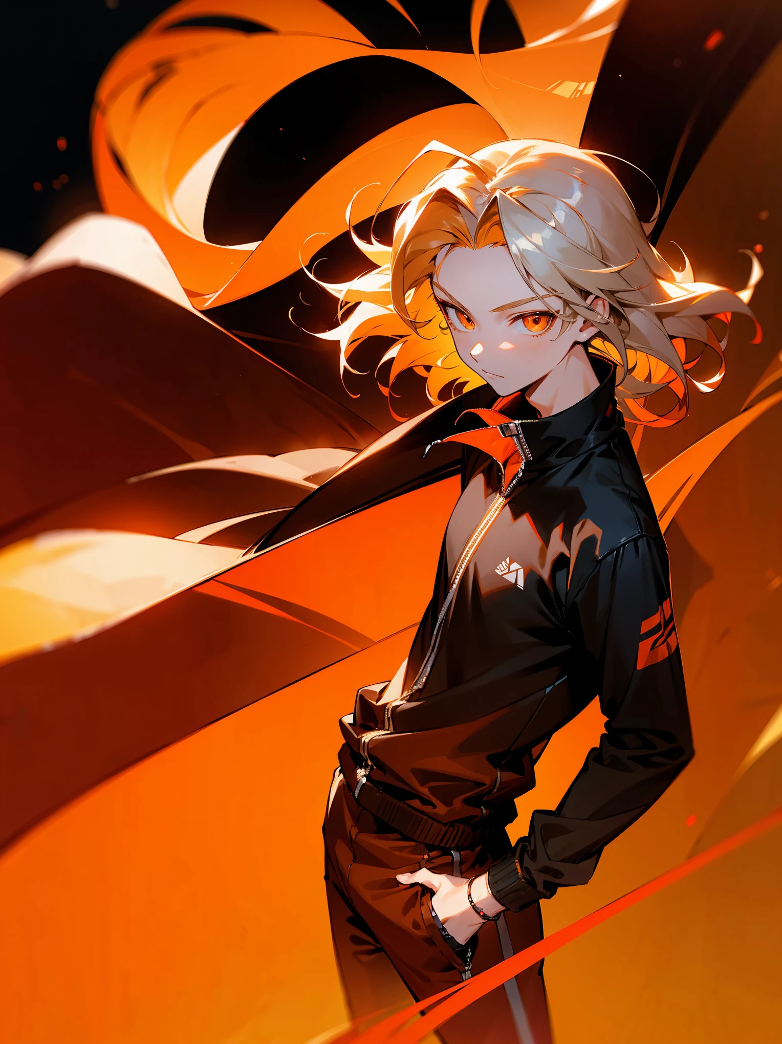 Young male, tannish, lean, Orange and black collard windbreaker, black military pants, black and orange high tops, blonde hair with orange tips, cold red eyes, cocky smile, in dark room alone.
