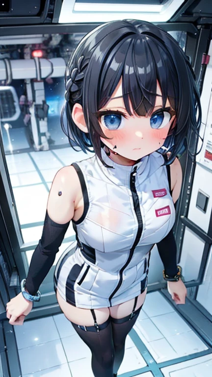 (Highest quality), (masterpiece), 1080P, High resolution, 4K, 8k, Inside the space station、Futuristic room、Thigh straps, Shooting from directly below, The woman on top of me, Nipples, 白いSweat, Covered , Sweat, Woman looking down, Micro Bikini, Skirt swimsuit, Thigh-high socks, To achieve this, 16 years old, Small breasts, whole body, Black leather shoes, Braided hair, Inner Color, Embarrassed face, Short black hair, bracelet, Bedroom,celestial body_Vest
