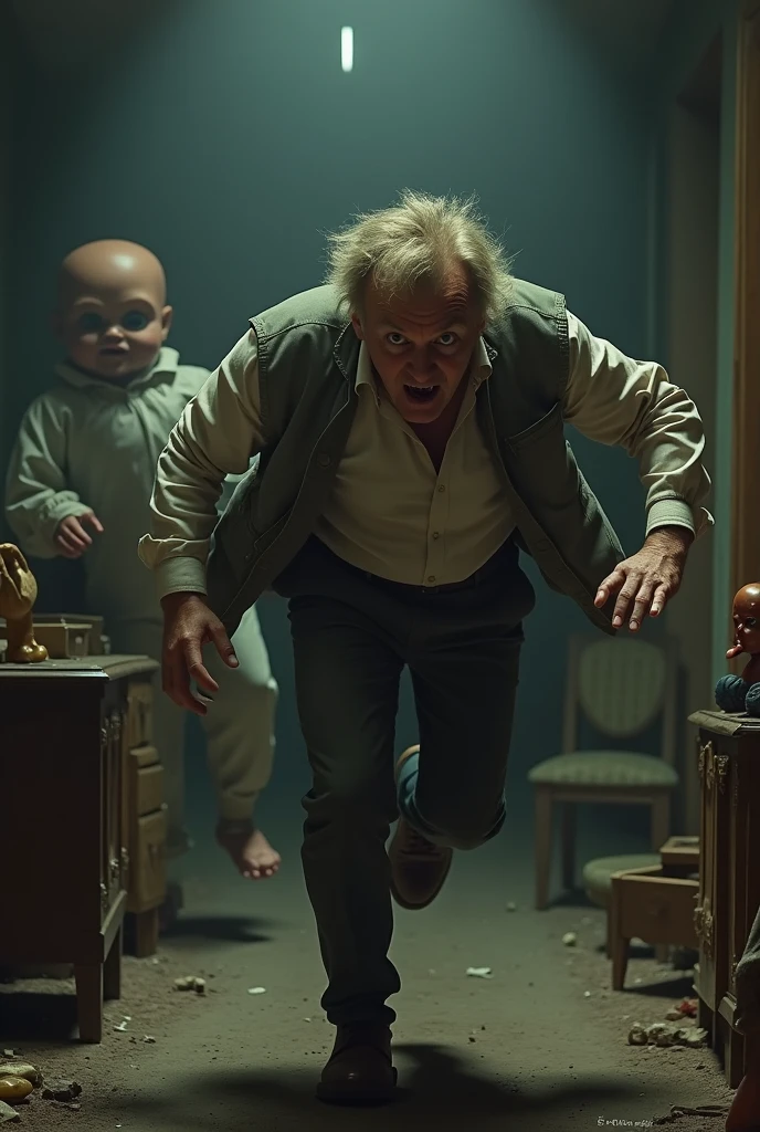 create a creature that looks like a horrifying woman slowly rising, with big nails, revealing his deformed face with his mouth sewn shut and sunken eyes in an old abandoned house attacking three young boys
