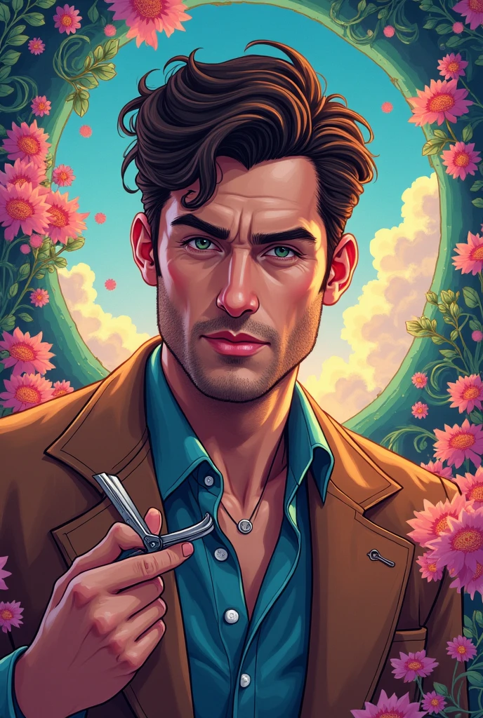 A vibrant, whimsical, and meticulously detailed illustration of a hot guy holding his razor.