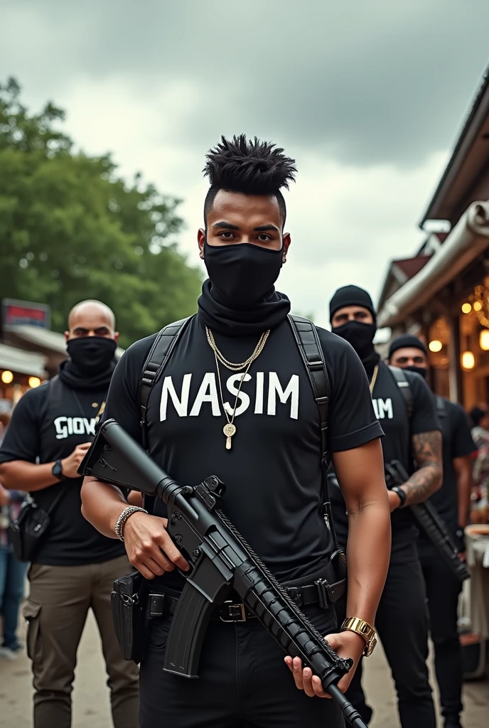 Roadman UK, wearing a ski mask, wearing a drip jacket, realistic, wearing black gloves, surrounded by roadmen, badass poses,6 people,all posing for the camera, shadow,close up of 6 people, summer, daytime, tattoos