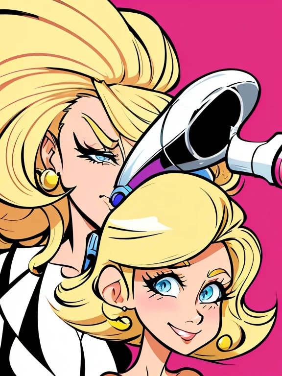 cartoon of a blonde woman holding a hair dryer and a hair dryer, proffesional illustration, in cartoon style, caricature style, air brush illustration, cartoon artstyle, hairdryer, charicature, by Melissa Benson, cartoon style illustration, caricature illustration, full color digital illustration, professional illustration, commercial illustration, stylized digital illustration, cartoon portrait, cartoon style