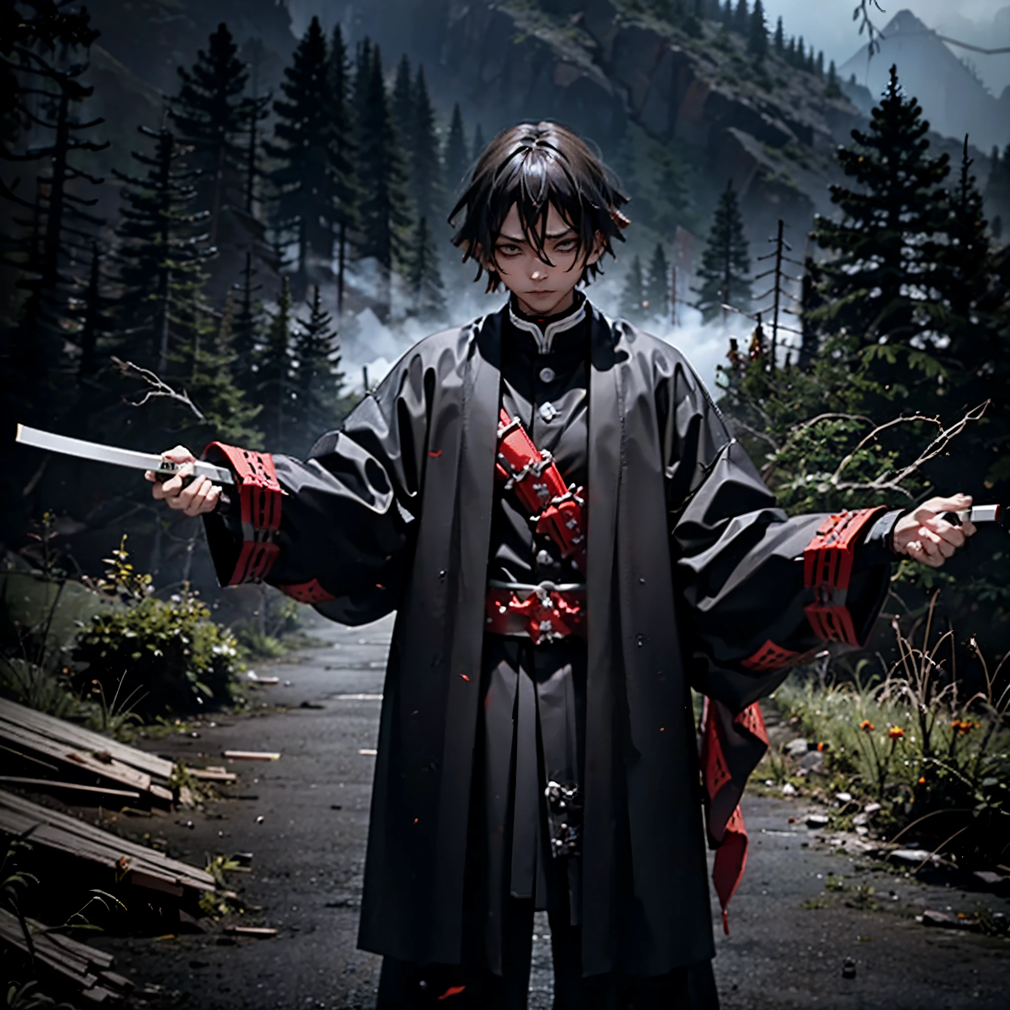 HorrorFantasy,ZenitsuAgatsuma, dark version holds 1 katanas , pointing the bloody katana at the viewer, behind him several dead people,he is on a mountain with lightning and fog,.