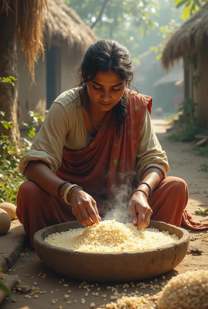 A indian poor mother is feeding rise to her