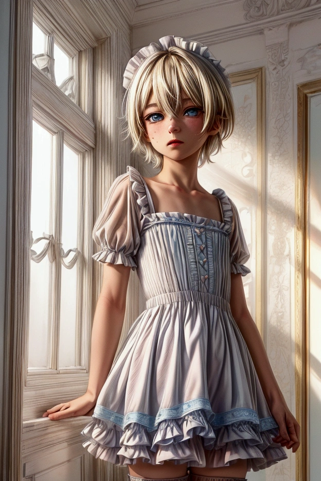 Anime style, Highres, Masterpiece, Best quality at best, Best Quality, hight quality, hight detailed, 1boy, blonde boy, boy face, boy body, cute boy, femboy, light blue eyes, short hair, messy hair, bangs, pastel rainbow inner hair color mesh, cute face, wears a pink and blue frill dress, (white stockings), standing, indoor, intricate detail, sunlight, highest quality,