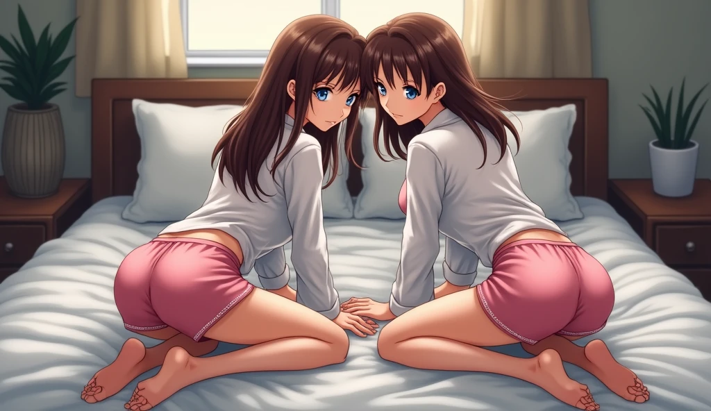 Miku Nakano has medium sized breasts and sits naked on the bed and touches her pussy where it comes out she masturbates with her hands and squirts she is thin and has a big pussy she has a bottle halfway stuck in her pussy