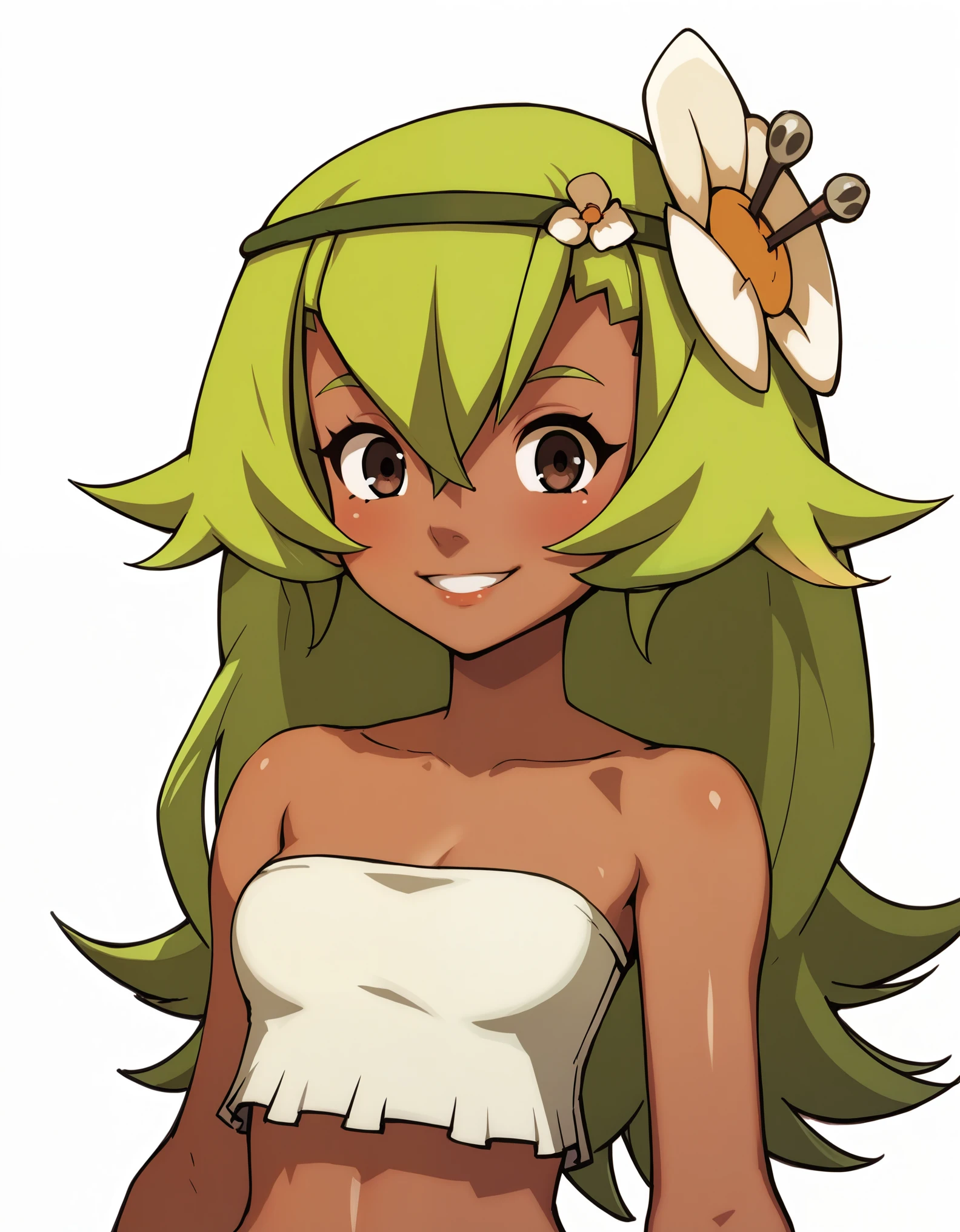 score_9, score_8_up, score_7_up, score_6_up, BREAK, source_cartoon, source_anime, 1girl, amaliayoung, amalia sheran sharm,, green hair, long hair, hair flower, dark skin, bare shoulders, tube top, upper body, smile, looking at viewer, solo, simple background