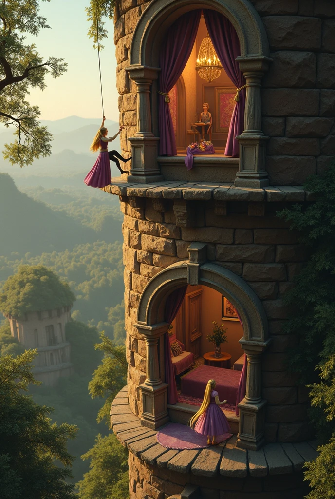 There are two children climbing a tower with a castle in the background, A Torre das Flores, coronation of the flower prince, Arte infantil em Artstation, Fantasia pintura fosca,fofo, Tangled, the wizard's magical tower!!, beautiful render of a fairytale, Rapunzel, the flower prince, fairy-tale illustration style, a beautiful artwork illustration, bela arte digital