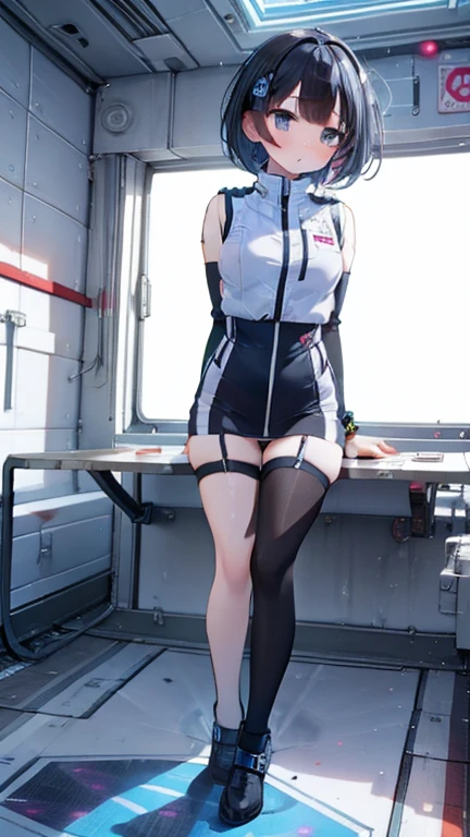 (Highest quality), (masterpiece), 1080P, High resolution, 4K, 8k, Thigh straps, Shooting from directly below, The woman on top of me, Nipples, 白いSweat, Covered , Sweat, Woman looking down, Micro Bikini, Skirt swimsuit, Thigh-high socks, To achieve this, 16 years old, Small breasts, whole body, Black leather shoes, Braided hair, Inner Color, Embarrassed face, Short black hair, bracelet, Bedroom,celestial body_Vest