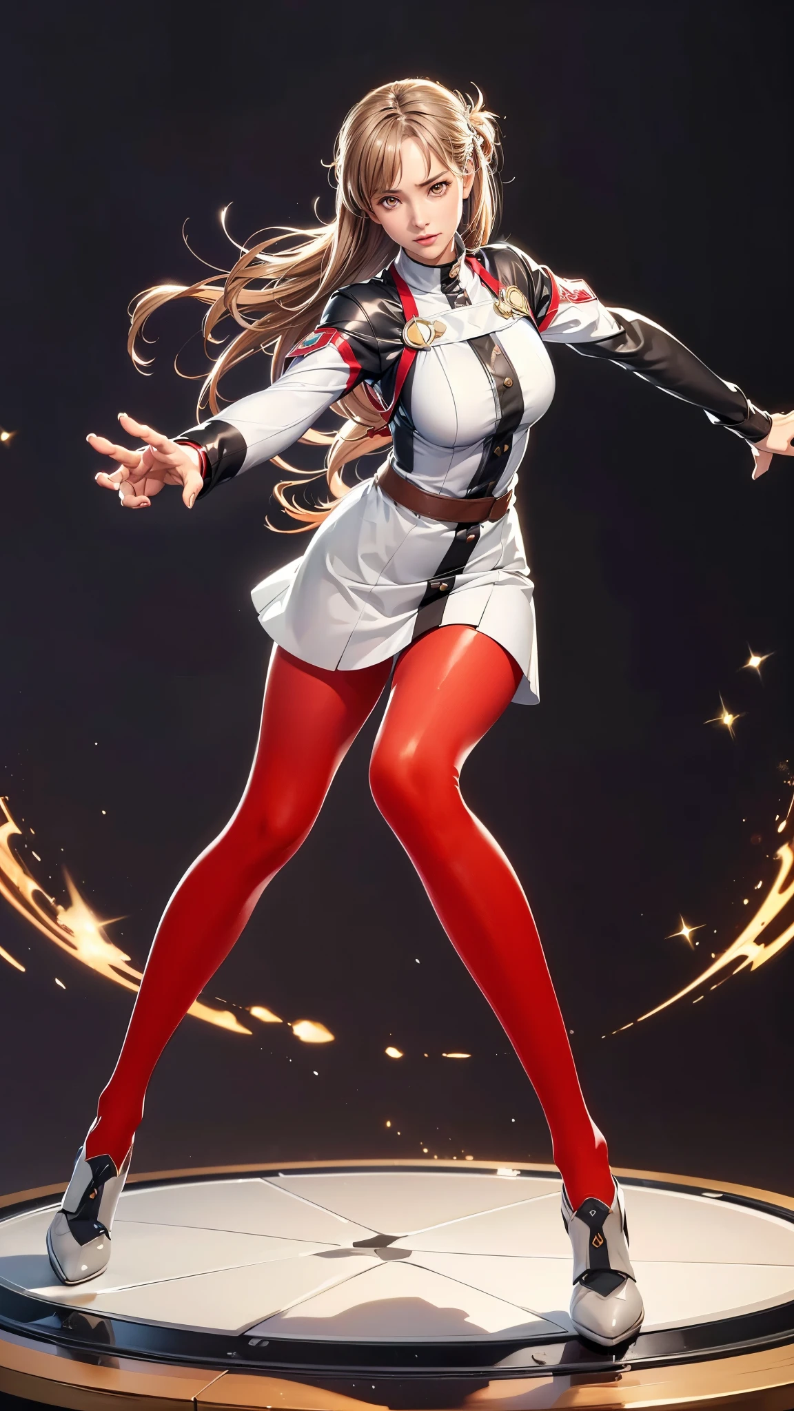 (（（Perfect body,White and tender skin,（（（uniform, jacket, long sleeves,  belt, pantyhose）））,(（（ccasuna, long hair, brown hair, brown eyes, ））),((masterpiece)),highres,((Best quality at best)),masterpiece,quality,Best quality,(（（ Exquisite facial features,Looking at the audience,There is light in the eyes, ）））,Dynamic poses，，）））