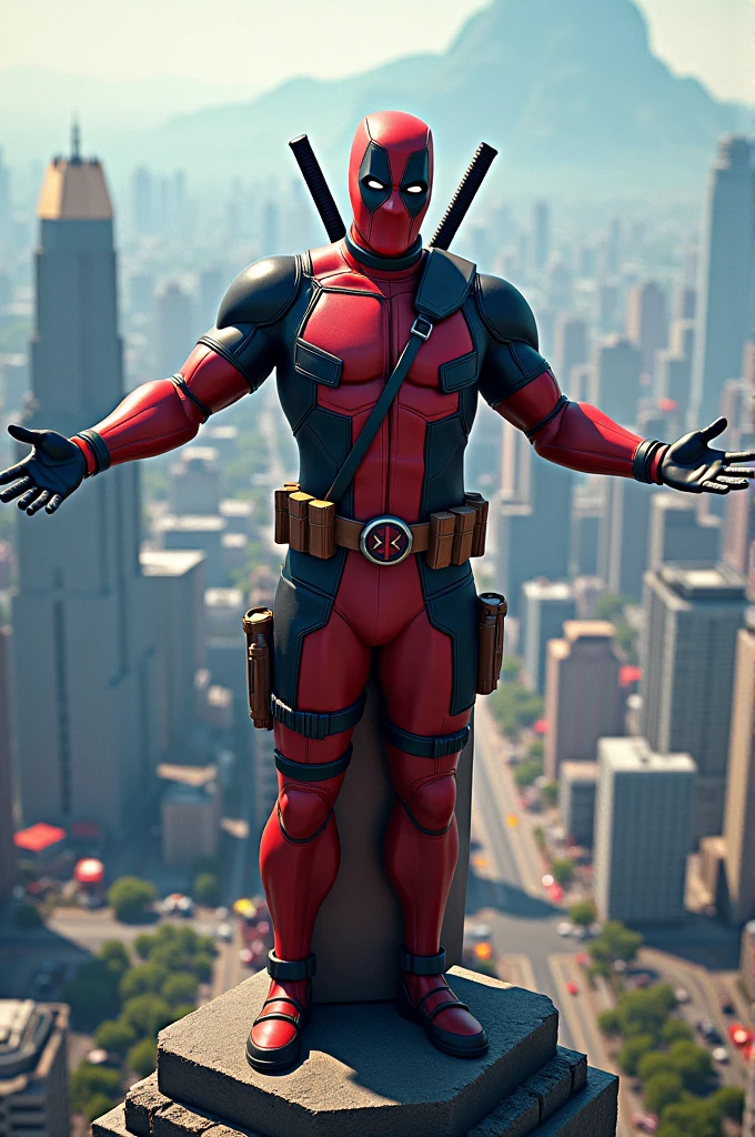 Marvel anti hero Deadpool, Muscular, nice abs and biceps, nice dick bulge, UHD HDR, full body shot in city background in Landscape mode,