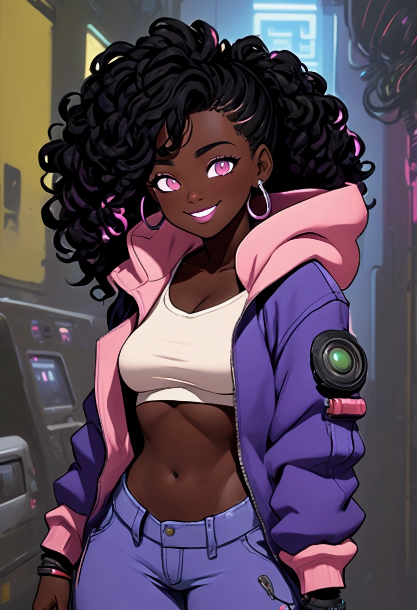 (1 girl:1.2), solo, (8k, 4k, intricate),(halfbody-shot:1), (highly detailed:1.2),(detailed background:1.2),((dark skin, beatiful face,plump lips, smiling)), ((big breasts,wide hips, thick thighs,))((sci-fi aesthetic, futuristic clothing, cyberpunk aesthetic))) ((peach pink eyes)) 3/4 pose, Image of a slim thick woman posing for a photo, cartoon of a woman with curly hair and a purple jacket, she also wearing cyberpunk pants((baggy jeans)), (dark shorter curly hair), [[[[grinning evily]]]], cel shaded:15, ( ( dark skin ) ), halfbody headshot, cel - shaded art style, puff hoodie, gamer shirt , as a dnd character, character portrait of me character half body portrait, commission for high res, oc commission, anime vibes, cyberpunk art ultrarealistic 8k, cyberpunk style,