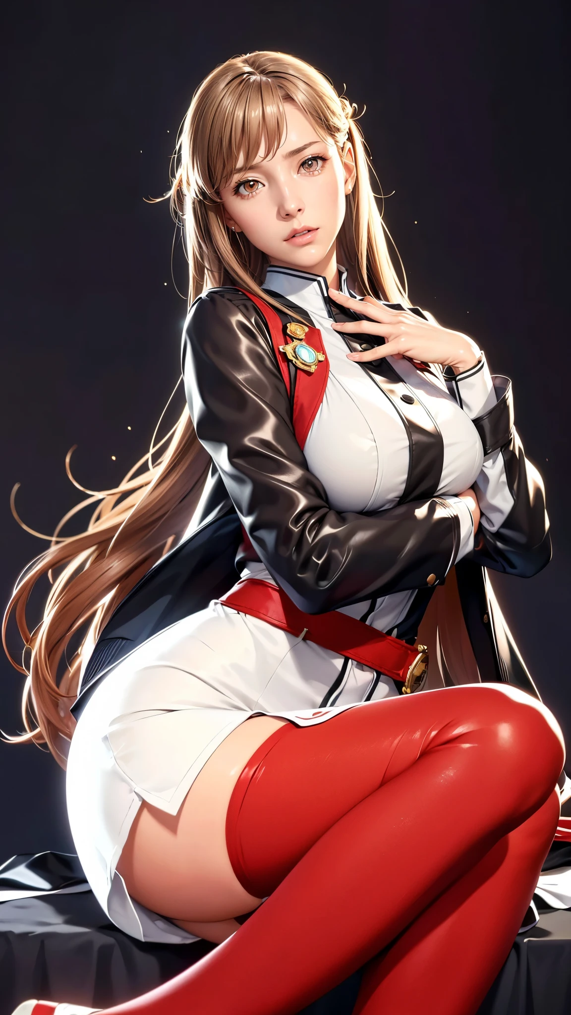 (（（Perfect body,White and tender skin,（（（uniform, jacket, long sleeves,  belt, pantyhose）））,(（（ccasuna, long hair, brown hair, brown eyes, ））),((masterpiece)),highres,((Best quality at best)),masterpiece,quality,Best quality,(（（ Exquisite facial features,Looking at the audience,There is light in the eyes, ）））,Dynamic poses，，）））