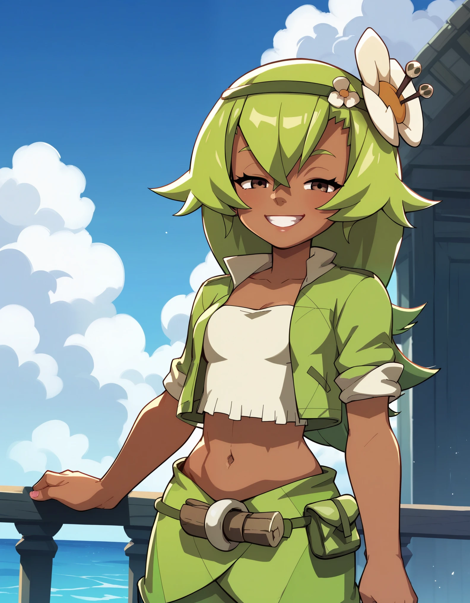 (score_9, score_8_up), score_7_up, score_6_up, anime screenshot, looking at viewer, clouds, 1girl, amalia sheran sharm, green hair, green hairband, hair ornament, hair flower, dark skin, brown eyes, fur-trimmed jacket, looking at viewer, grin, half-closed eyes, cowboy shot,