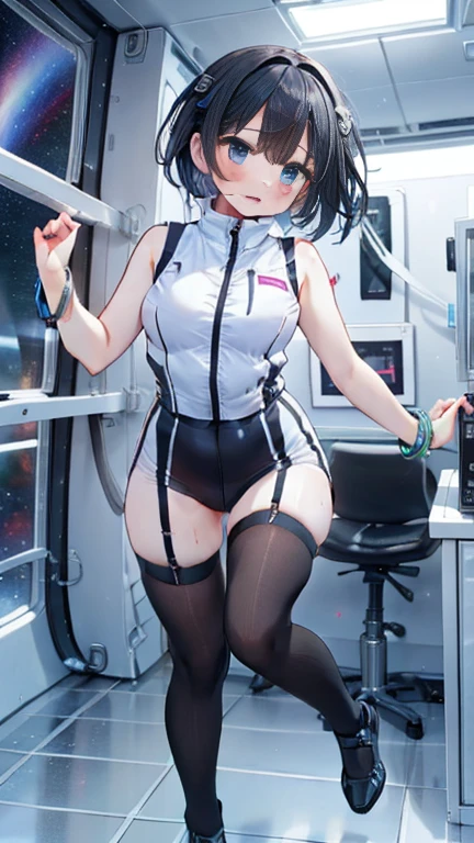 (Highest quality), (masterpiece), 1080P, High resolution, 4K, 8k, Inside the space station、Futuristic room、Thigh straps, Shooting from directly below, The woman on top of me, 白いSweat, Covered , Sweat, Woman looking down, Skirt swimsuit, Thigh-high socks, To achieve this, , , whole body, Black leather shoes, Braided hair, Inner Color, Embarrassed face, Short black hair, bracelet, Bedroom,celestial body_Vest