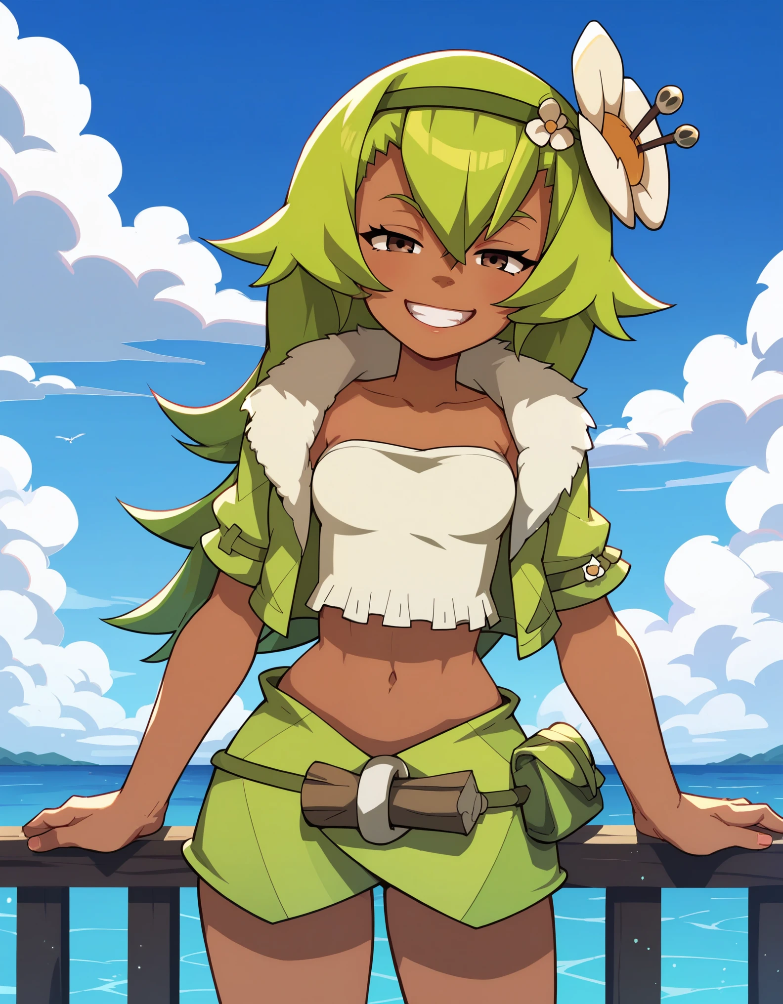 (score_9, score_8_up), score_7_up, score_6_up, anime screenshot, looking at viewer, clouds, 1girl, amalia sheran sharm, green hair, green hairband, hair ornament, hair flower, dark skin, brown eyes, fur-trimmed jacket, looking at viewer, grin, half-closed eyes, cowboy shot,