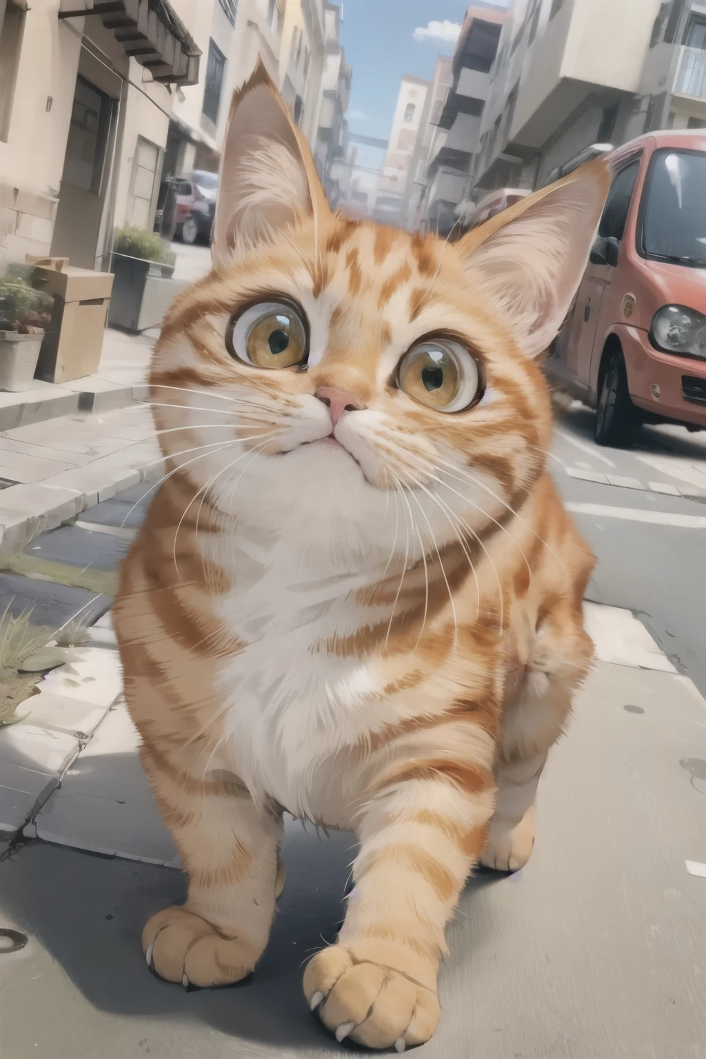 One little Orange kitten Nina Big eyes happily walking on street