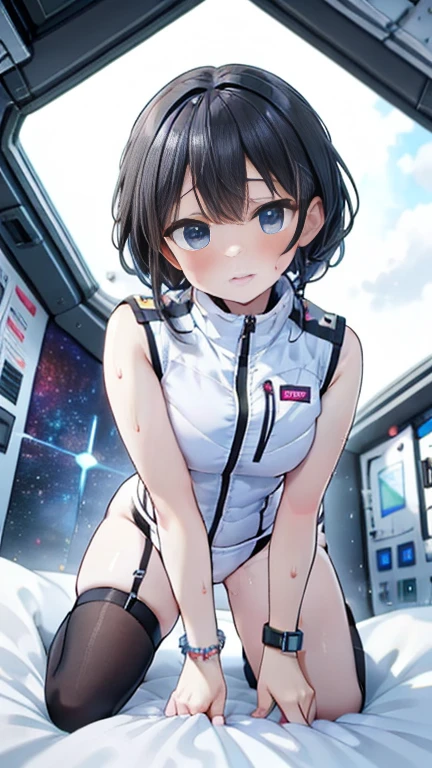 (Best Quality), (masterpiece), 1080P, High resolution, 4K, 8k, Inside the space station、Futuristic room、Thigh straps, Shooting from directly below, The woman on top of me, 白いsweat, Covered , sweat, Woman looking down, Skirt swimsuit, Thigh-high socks, To achieve this, , , whole body, Black leather shoes, Braided Hair, Inner Color, Embarrassed face, Short black hair, bracelet, bedroom,astrovest
